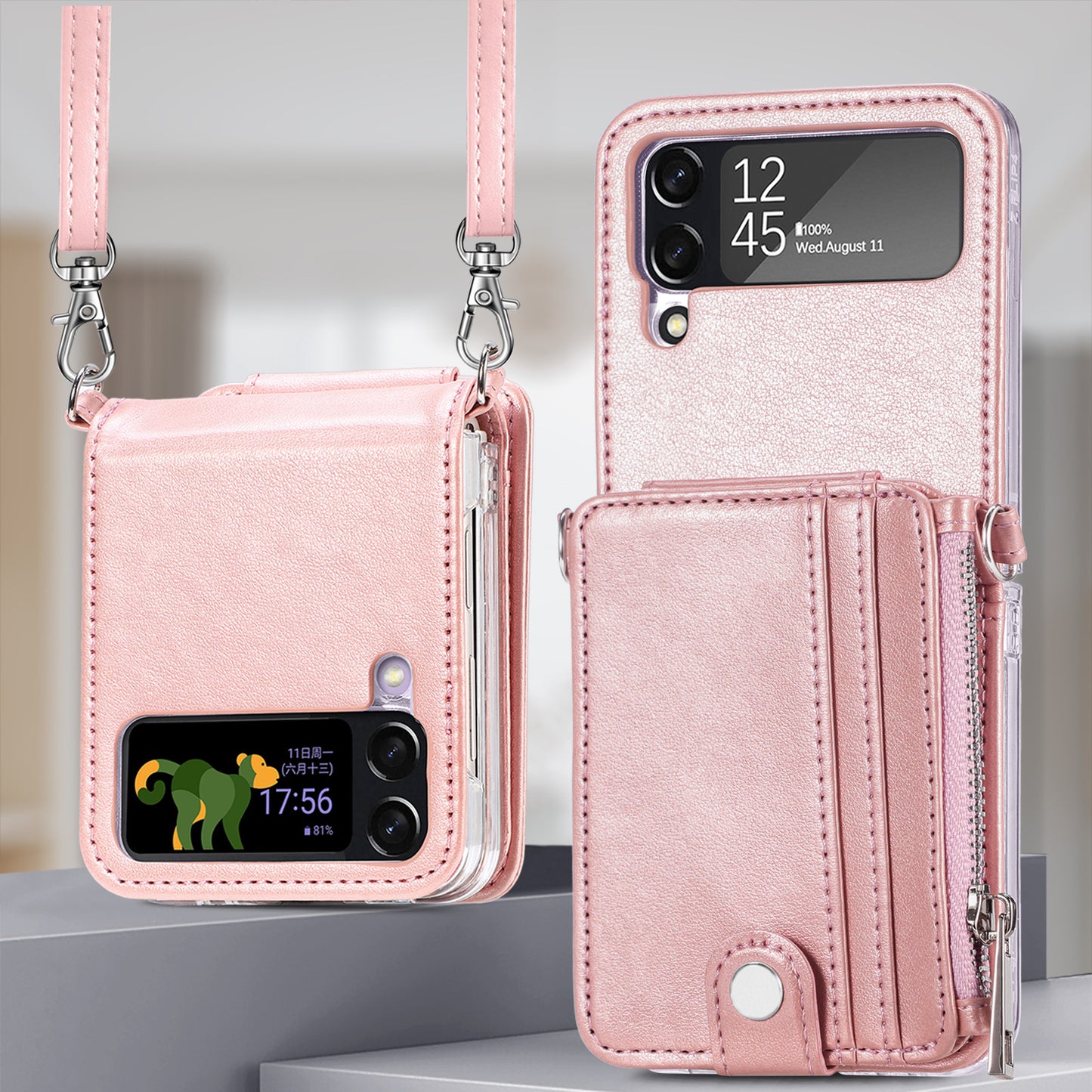 Suitable for Samsung Galaxy Z Flip4 card insertion phone case Z Flip3 lanyard zipper wallet phone case