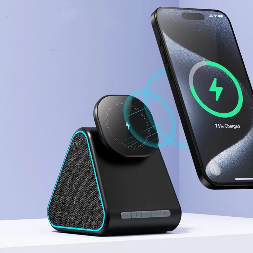 Wireless charger with speaker suitable for Apple phone magnetic wireless charging stand adjustable with Bluetooth speaker