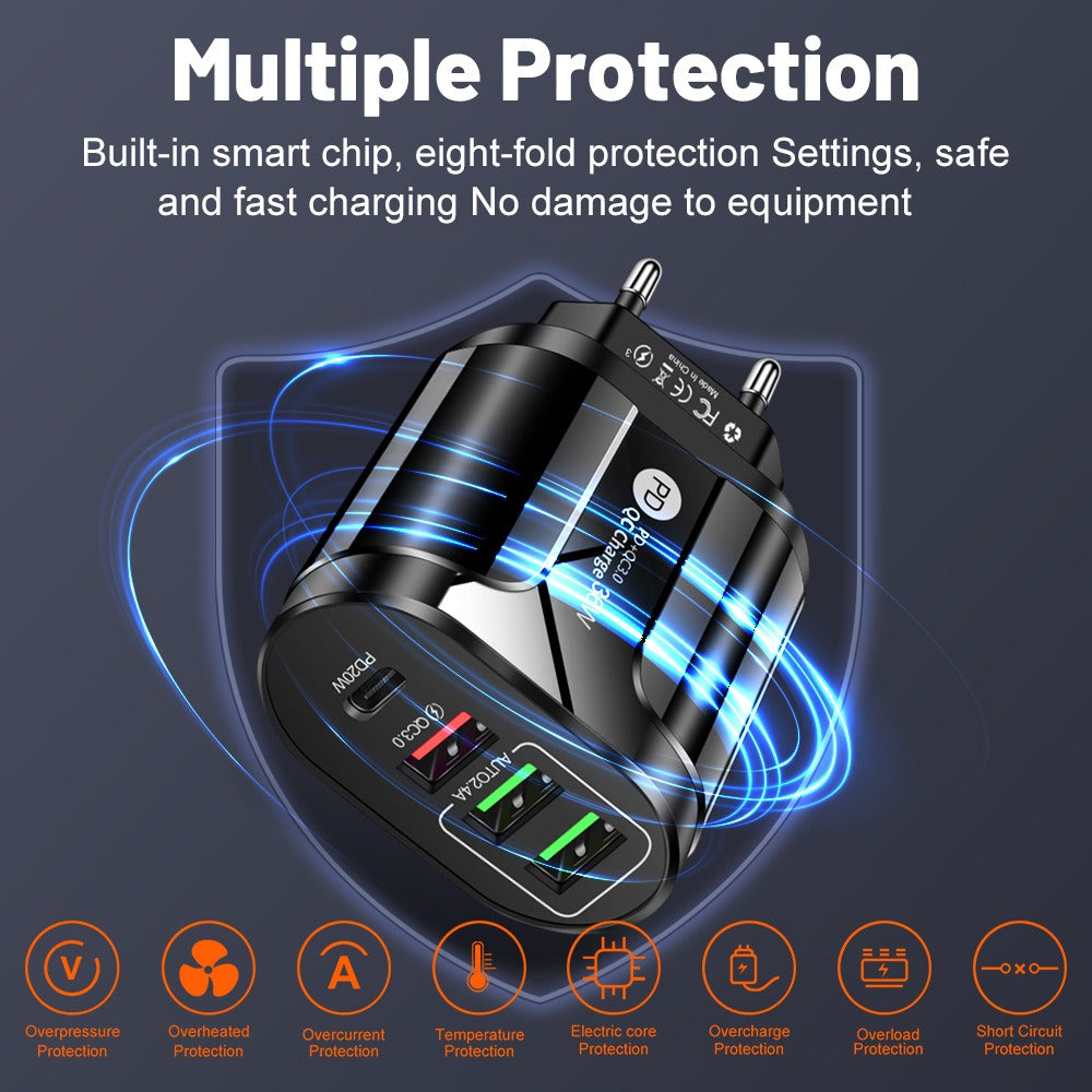 36W PD+QC3.0 2.4A Dual USB Fast Charging Phone Charger