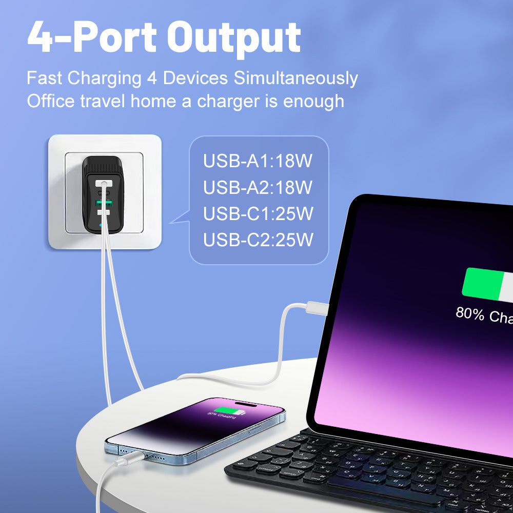 4-in-1 2USB+2PD mobile charger, tablet plug, super fast charging multi port plug