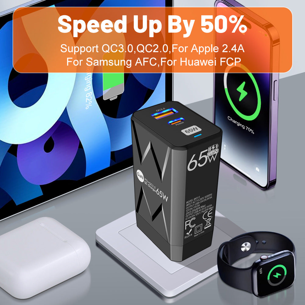 QC3.0 charger, American, European, and British standard GaN PD65W fast charging head