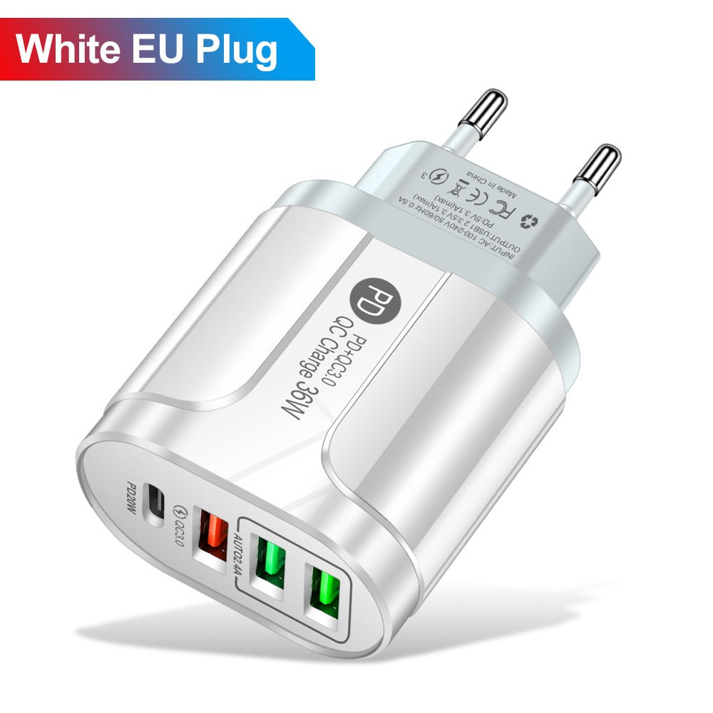 36W PD+QC3.0 2.4A Dual USB Fast Charging Phone Charger