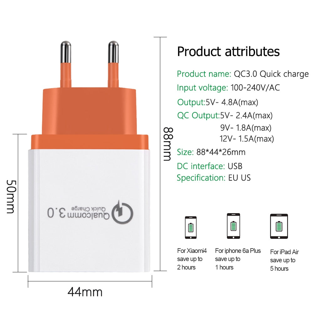 18 W USB Quick charge 3.0 5V 3A for Iphone 7 8 EU US Plug Mobile Phone Fast charger charging