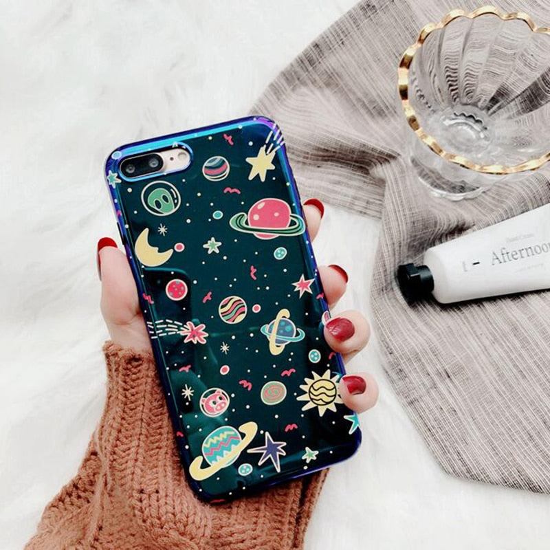 Universe Phone Case For iPhone XS XR XS Max X 8 7 6 6S Plus Blu-Ray Phone Back Cover Cute Planet Moon Star Cases Gift