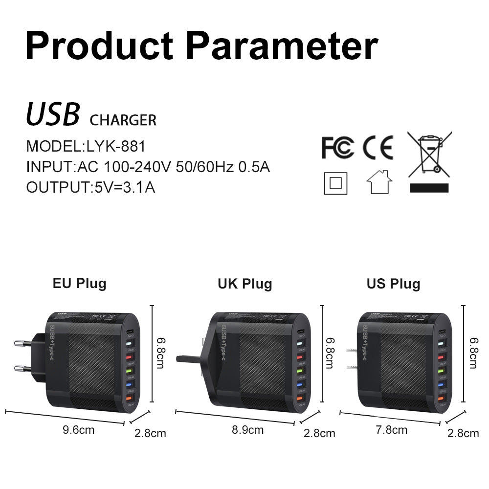 Type-CPD 3.1A PD+5USB Mobile Phone Charger Travel Charging Head