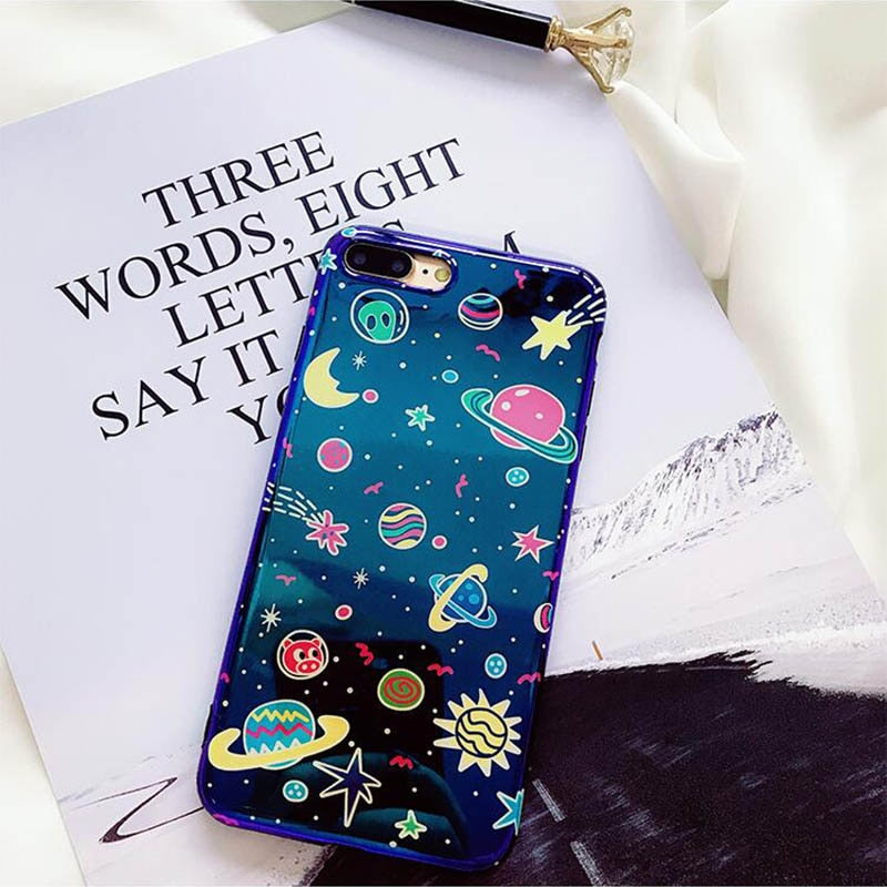 Universe Phone Case For iPhone XS XR XS Max X 8 7 6 6S Plus Blu-Ray Phone Back Cover Cute Planet Moon Star Cases Gift