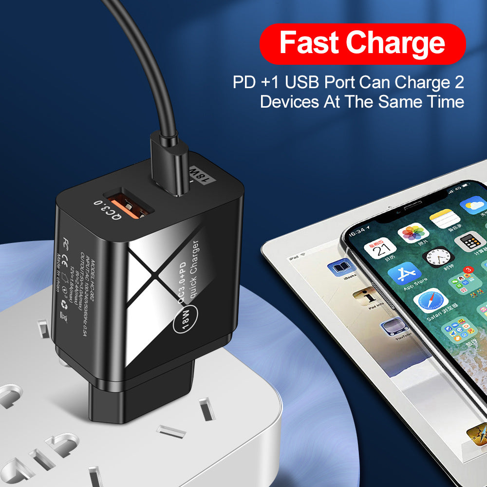 QC3.0 Fast Charging PD Charger USB-A+Type-C Dual Port Charging Head