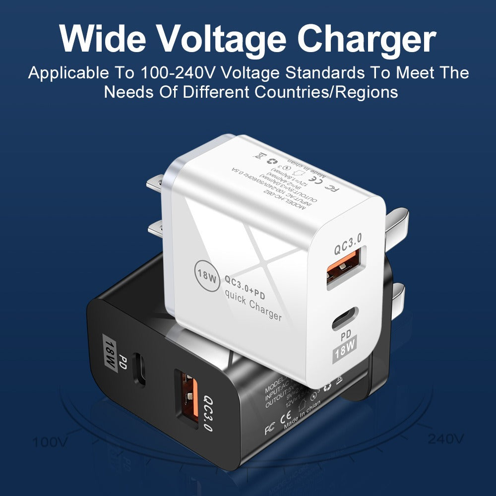 QC3.0 Fast Charging PD Charger USB-A+Type-C Dual Port Charging Head