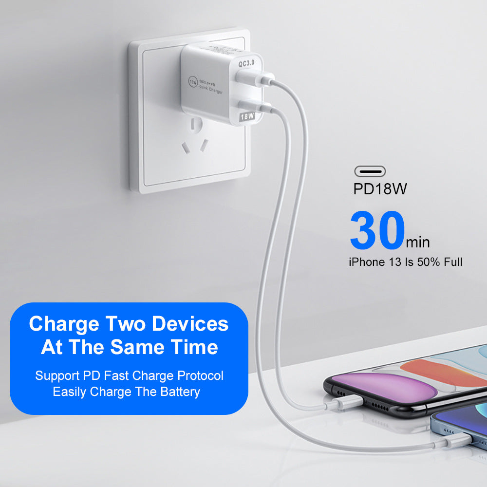 QC3.0 Fast Charging PD Charger USB-A+Type-C Dual Port Charging Head