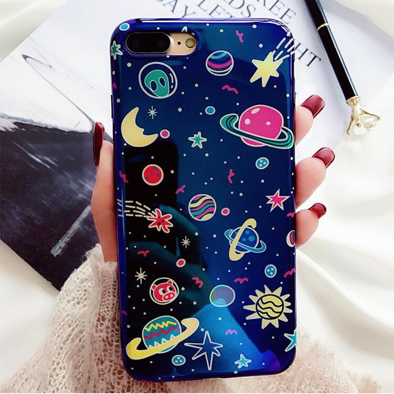 Universe Phone Case For iPhone XS XR XS Max X 8 7 6 6S Plus Blu-Ray Phone Back Cover Cute Planet Moon Star Cases Gift