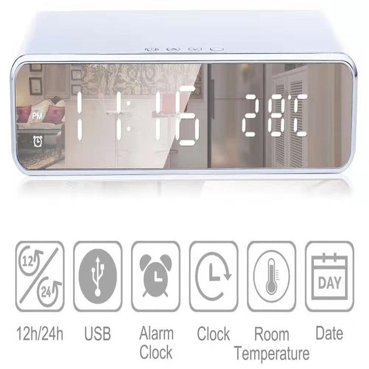 Temperature gauge wireless charging multifunctional desktop time clock mirror LED digital display wireless