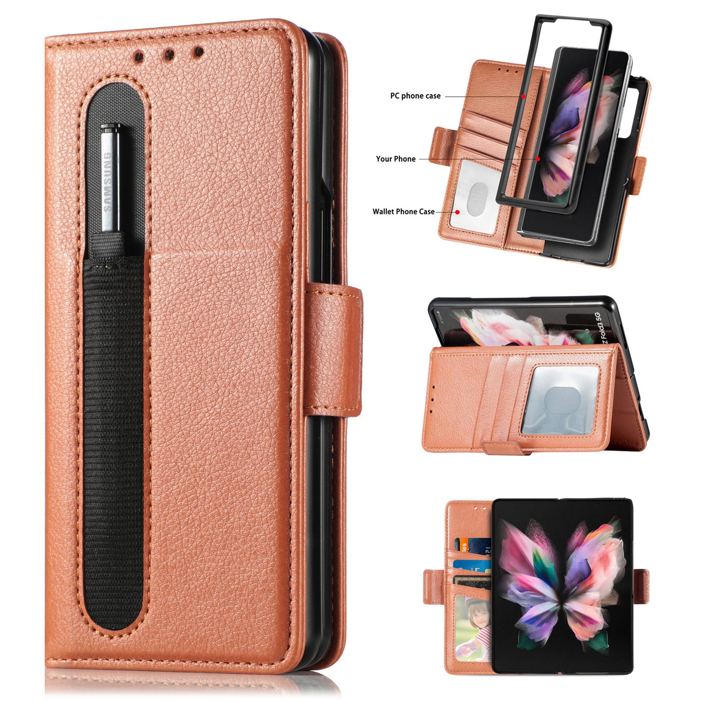 New Suitable For Samsung Galaxy Z Fold3 Mobile Phone Leather Case Folding Screen Pen Slot Pen W22 Leather Z Fold3 Multi-Card Cover