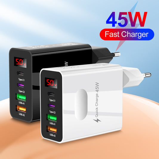 Digital display 2USB+2Type-c digital display mobile phone charger, multi port charging head, European, American and British standard plug