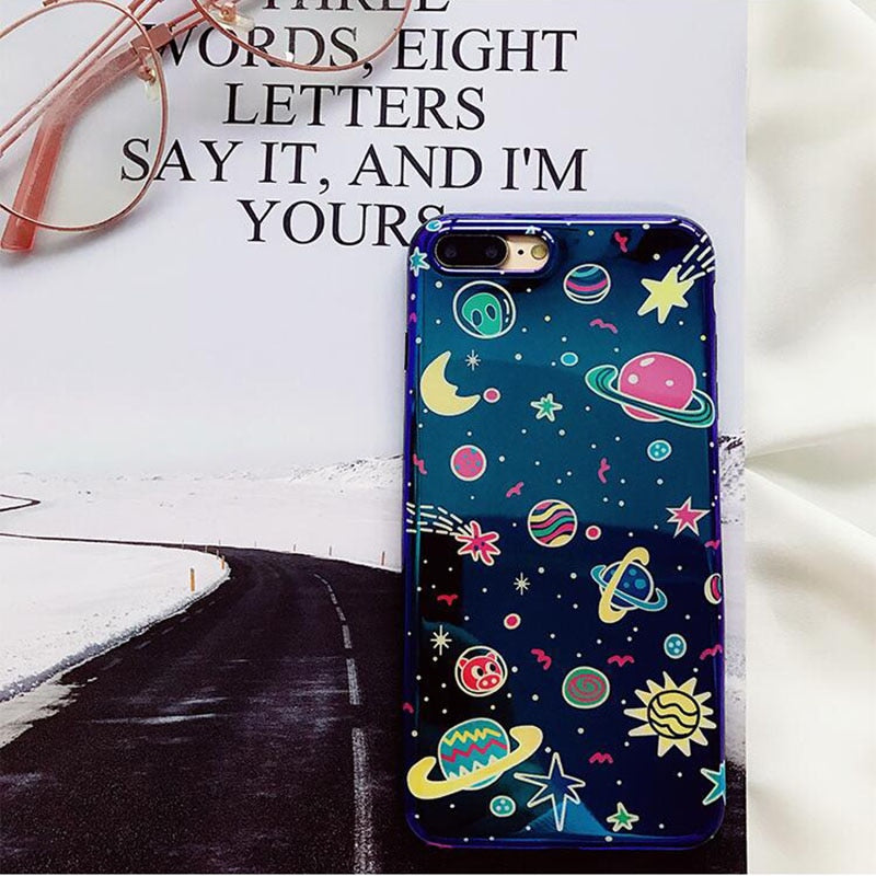 Universe Phone Case For iPhone XS XR XS Max X 8 7 6 6S Plus Blu-Ray Phone Back Cover Cute Planet Moon Star Cases Gift